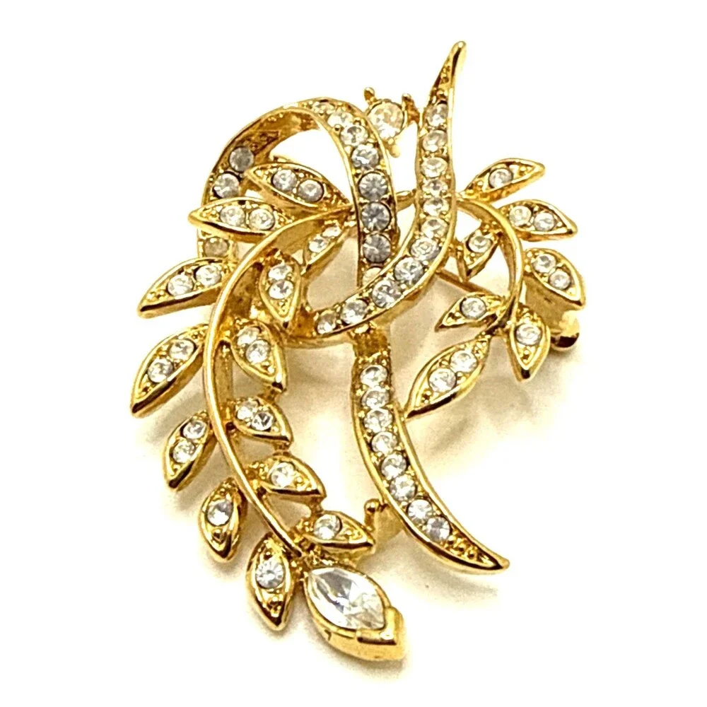 Vintage NWOT Napier Gold Tone Clear Rhinestone Brooch Floral  Fern Ribbon Pin 2